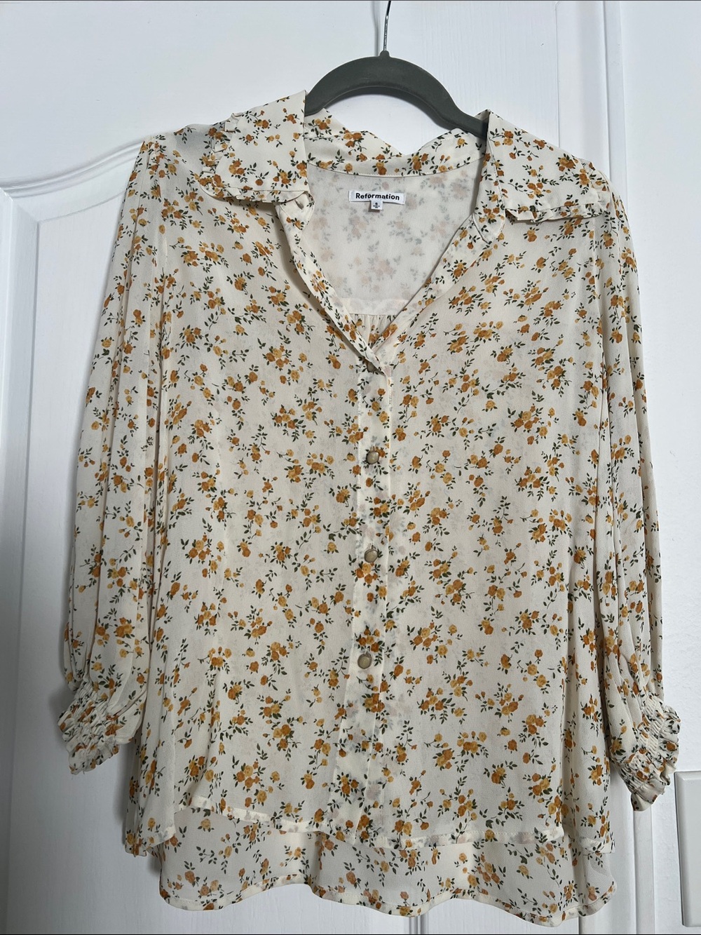 Reformation Tansy Cream Blouse with Mustard Floral Print